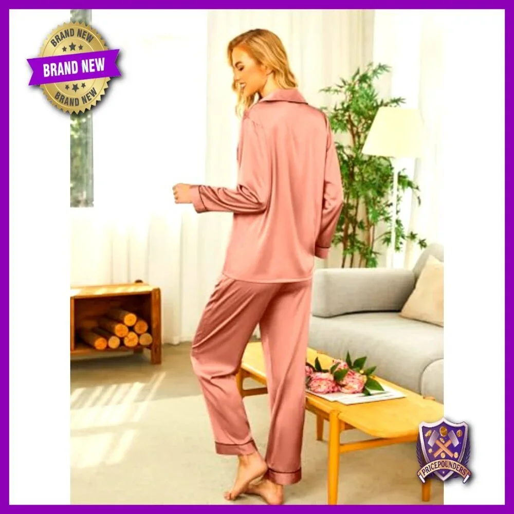 Silk Satin Pajama Set Long Sleeve Button Down Soft Sleepwear Loungewear
